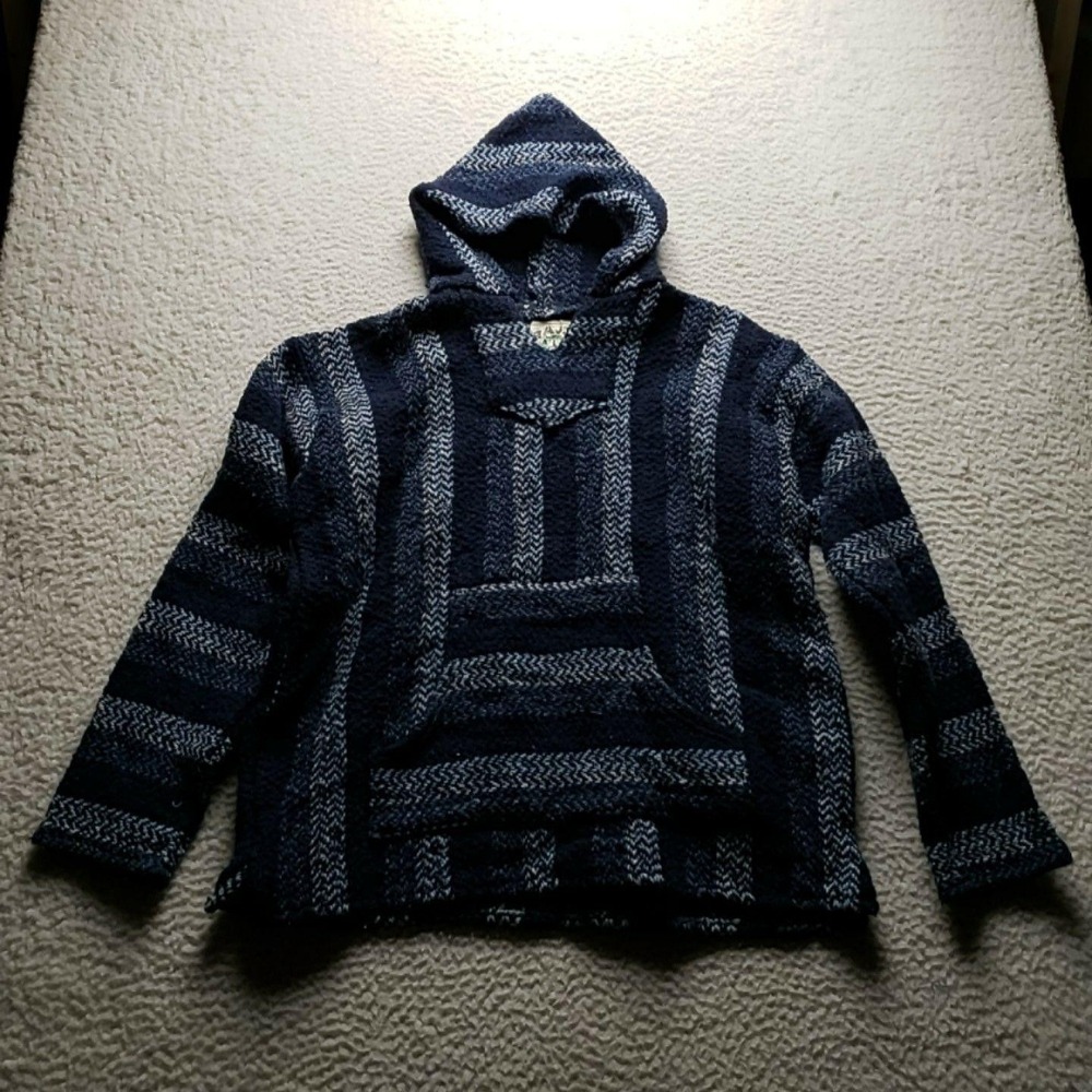Baja Joe Hoodie Mens Large Blue Striped Knit Pullover Kangaroo Pocket Poncho